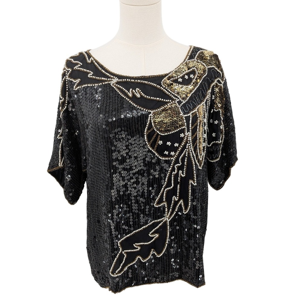 Vintage Joseph Le Bon Black Sequin & Beaded Silk‎ Top (80s/90s) Party Cocktail